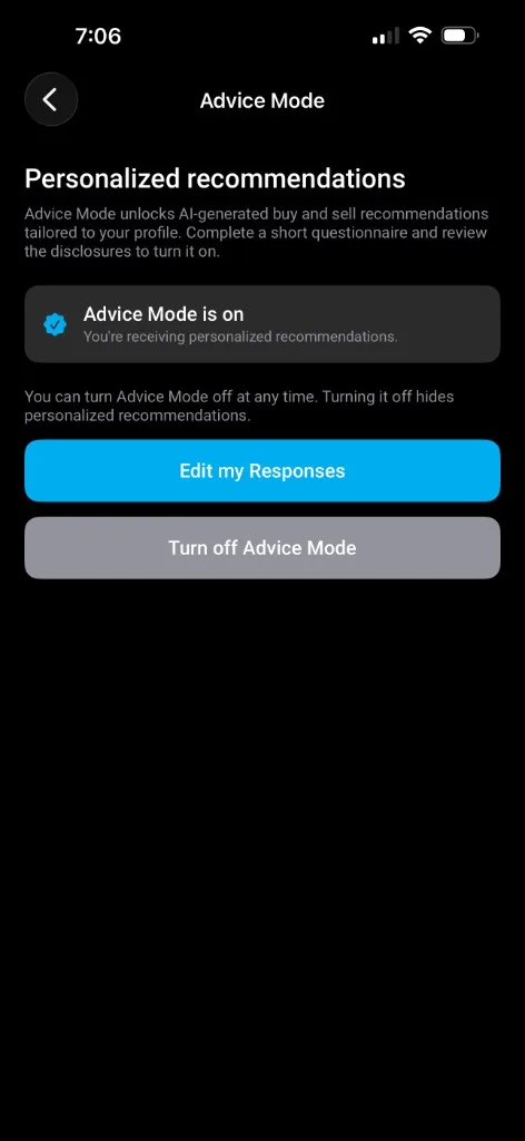 Advice Mode enabled in the StockLift app with personalized recommendations turned on